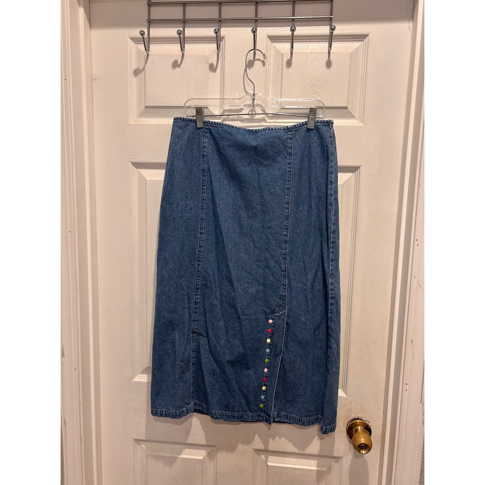 Christopher & Banks Blue Denim Midi Skirt 12 Rainbow Snap Side Slit Cottagecore